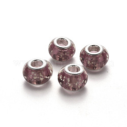 Handmade Luminous Lampwork European Beads, Glow In The Dark, Large Hole Beads, with Platinum Tone Brass Double Cores, Rondelle, Rosy Brown, 14~15x10~11mm, Hole: 5mm