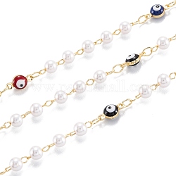 Cadenas de perlas de imitación de plástico ccb hechas a mano de 3.28 pie, esmalte, con fornituras de latón, soldada, Plateado de larga duración, mal de ojo, la luz de oro, grano: 4x3.5 mm, ojo: 9x4.5x4 mm
