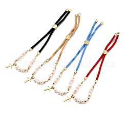 Adjustable Nylon Cord Slider Bracelets, Bolo Bracelets, with Natural Pearl Beads, 304 Stainless Steel Cross Charms and Brass Beads, Mixed Color, Inner Diameter: 1-5/8~3-7/8 inch(4~10cm)