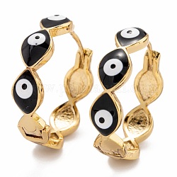 Brass Enamel Huggie Hoop Earrings, Long-Lasting Plated, Ring with Evil Eye, Golden, Black, 25x6mm, Pin: 1mm