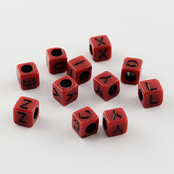 Letras mixtas cubos acrílicos opacos, agujero horizontal, de color rojo oscuro, 6x6x6mm, agujero: 3 mm, aproximamente 3100 unidades / 500 g