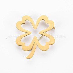 Open Clover Brooch, 201 Stainless Steel Leaf Lapel Pin for Backpack Clothes, Nickel Free & Lead Free, Golden, 41x34x6mm, Pin: 0.7mm