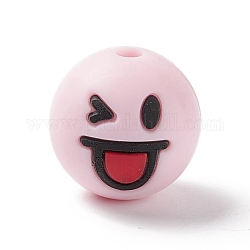 Silikonperlen, Babykauperlen für Beißringe, rund mit lächelndem Gesicht, rosa, 15.5 mm, Bohrung: 2 mm