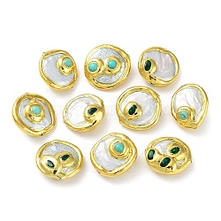 Perles rondes plates en perles keshi naturelles baroques, perles en laiton plaquées sur support avec verre et turquoise synthétique, Plaqué longue durée, or, 22~24x22~23.5x9~12.5mm, Trou: 0.8mm