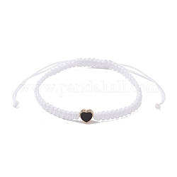 Bracelets réglables en perles tressées en fil de nylon, avec coeur en alliage émaillé, pour femme, blanc, diamètre intérieur: 2-3/8~4-1/8 pouce (6.1~10.6 cm)