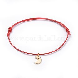 Cord Bracelets, Red String Bracelets, with Eco-Friendly Korean Waxed Polyester Cord and Brass Charms, Moon, Golden, Red, 2-1/2 inch~3-3/8 inch(6.5~8.6cm)