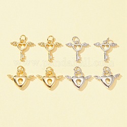 8Pcs 4 Style Rack Plating Brass Pendants, with Jump Ring, Long-Lasting Plated, Lead Free & Cadmium Free, Heart Key & Heart with Wing Charm, Mixed Color, 12.5~14x15.5~17.5x2.2~3mm, Hole: 3.5~3.6mm, 2pcs/style