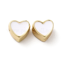 Perline di smalto in lega di placcatura a cremagliera, cuore, oro, bianco, 8x8.5x5mm, Foro: 1 mm