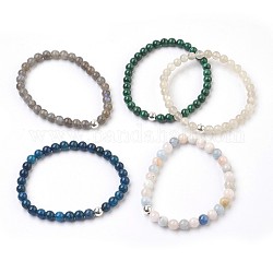 Perles naturelles mixtes de pierre étendent bracelets, avec des perles d'argent sterling 925, ronde, boîtes en carton, couleur d'argent, 2-1/8 pouce (5.5 cm), boîte: 9x6.5x2.7cm