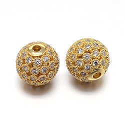 Perles rondes en laiton avec zircone cubique de micro pave, véritable 18k plaqué or, sans plomb et sans cadmium et sans nickel, clair, 10mm, Trou: 1.8mm