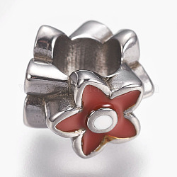 304 perline in acciaio inossidabile, con smalto, perline con foro grande, fiore, rosso scuro, colore acciaio inossidabile, 11x9mm, Foro: 5.5 mm