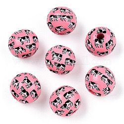 Perles en bois schima imprimées, rond avec motif vache, rose chaud, 16x14.5mm, Trou: 3.8mm