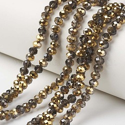 Placcare trasparente perle di vetro fili, metà d'oro placcato, sfaccettato, rondelle, marrone noce di cocco, 3.5x3mm, Foro: 0.4 mm, circa 123~127pcs/filo, 13.7~14.1 pollice (35~36 cm)