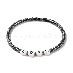 Bracelet extensible en perles heishi en hématite synthétique avec mot amour, bijoux en pierres précieuses pour femmes, noir, diamètre intérieur: 2-3/8 pouce (6 cm)