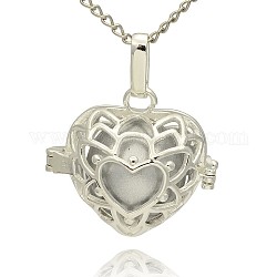 Silver Color Plated Brass Hollow Heart Cage Pendants, with No Hole Spray Painted Brass Round Beads, Silver, 24x26x18mm, Hole: 3x8mm