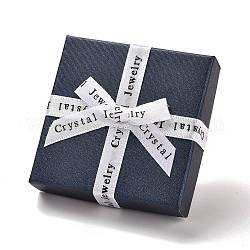 Boîtes d'emballage en carton pour bagues de couple, coffret cadeau à bijoux avec éponge à l'intérieur pour bagues, carré avec nœud blanc, bleu minuit, 7.45x7.5x2.2~2.65 cm