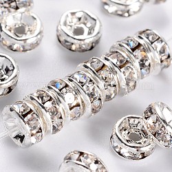 Brass Rhinestone Spacer Beads, Grade AAA, Straight Flange, Nickel Free, Silver Color Plated, Rondelle, Crystal, 4x2mm, Hole: 0.8mm