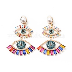 Rhinestone Double Evil Eye Dangle Stud Earrings with Acrylic Pearl Beaded, Light Gold Plated Alloy Long Drop Earrings for Women, Colorful, 91.5mm, Pin: 0.7mm