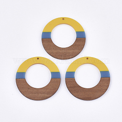Pendentifs en bois de résine et de noyer, tricolore, plat rond, or, 49x3~3.5mm, Trou: 2mm