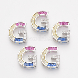 Brass Cubic Zirconia Slide Charms, Real Platinum Plated, Colorful, Letter, Letter.G, 18x15.5x5mm, Hole: 1.5x2mm and 1.5x7mm