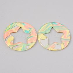 Acrylic Pendants, Flat Round with Star, Colorful, 32x2.5mm, Hole: 1.5mm
