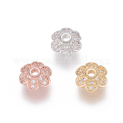 Brass Micro Pave Cubic Zirconia Fancy Bead Caps, 6-Petal, Flower, Clear, Mixed Color, 8x3mm, Hole: 1.7mm