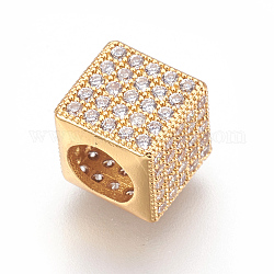 Perles européennes en laiton avec zircone cubique de micro pave, Perles avec un grand trou   , cube, clair, or, 8x8x8mm, Trou: 5mm