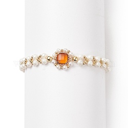 Braccialetto di perle di perle di vetro e conchiglia, delicato braccialetto di perline intrecciate per le donne, arancione, 7-1/2 pollice (19 cm)