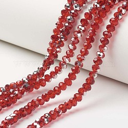 Placcare trasparente perle di vetro fili, mezzo argento placcato, sfaccettato, rondelle, rosso, 6x5mm, Foro: 1 mm, circa 85~88pcs/filo, 16.1~16.5 pollice (41~42 cm)