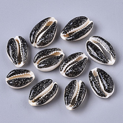 Natürliche Kaurimuschel Perlen, mit Epoxidharz und Glitzerpulver, ungebohrt / kein Loch, Schwarz, 17~22x11~14x7~8 mm