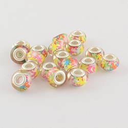 Large Hole Resin European Beads, with Silver Color Plated Brass Double Cores, Rondelle, Yellow, 14x9mm, Hole: 5mm
