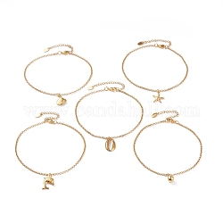 Ocean Theme Vacuum Plating 304 Stainless Steel Charm Anklets, with Rolo Chains and Lobster Claw Clasps, Mixed Shapes, Golden, 9-7/8 inch(25cm)