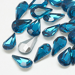 Cabochons en verre avec strass de dos avec point, dos plaqué, facette, larme, bleu capri, 10x6x3mm