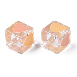 Perles en acrylique transparente, avec l'émail, cube avec le coeur, saumon clair, 14.5x14x14mm, Trou: 3mm