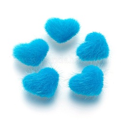 Faux Mink Fur Covered Cabochons, with Alloy Bottom, Heart, Silver Color Plated, Deep Sky Blue, 14x17x6.5mm
