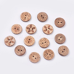 Botones de madera, 2 agujero, plano y redondo, patrón mixto, saddle brown, 17.5~18x3mm, agujero: 2 mm