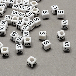 Perline europee di grandi dimensioni in acrilico, foro orizzontale, bianco & nero, cubo con letter.s, 7~8x7~8x7~8mm, Foro: 4 mm, circa 1144pcs/500g
