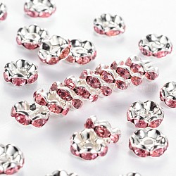 Rhinestone Spacer Beads, Grade A, Pink, Silver Color Plated, Nickel Free, Size: about 8mm in diameter, 3.8mm thick, hole: 1.5mm