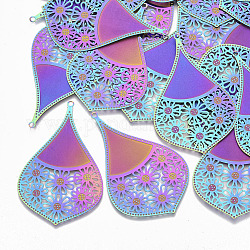Ion Plating(IP) 304 Stainless Steel Filigree Big Pendants, Etched Metal Embellishments, Teardrop, Rainbow Color, 75x46.5x0.3mm, Hole: 1.6mm