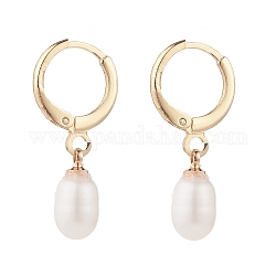 Natural Pearl Drop Hoop Earrings, Brass Jewelry for Women, Light Gold, Seashell Color, 25~26mm, Pin: 0.8mm
