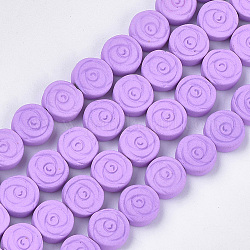 Spray Painted Non-magnetic Synthetic Hematite Beads Strands, Flat Round with Flower, Violet, 8x3mm, Hole: 0.8mm, about 49~50pcs/strand, 15.9 inch
