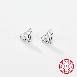 Diamond Shaped Rhodium Plated 925 Sterling Silver Stud Earrings for Women, with 925 Stamp, Platinum, 9x12mm