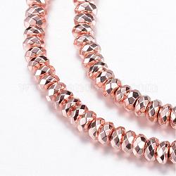 Electroplate Non-magnetic Synthetic Hematite Bead Strands, Rondelle, Faceted, Rose Gold Plated, 5.5~6x3mm, Hole: 1~1.5mm, about 130pcs/strand, 15.7 inch