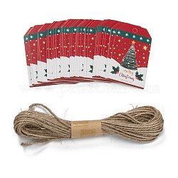 Rectangle Christmas Theme Kraft Paper Cord Display Cards, with 10m Bundle Hemp Rope, Christmas Tree Pattern, 7x4x0.03cm, Hole: 5mm, 50pcs; Rope: 10m Long, 2mm In Diameter
