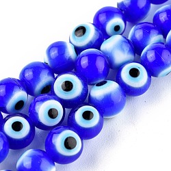 Fatti a mano in vetro murano male occhio tondo fili di perle, blu, 8mm, Foro: 1 mm, circa 49pcs/filo, 14.17 pollice