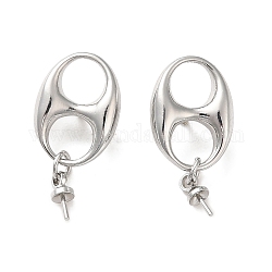 Accessoires de clous d'oreilles en laiton, avec attaches pour perles semi-percées, ovale, platine, 21x10mm, pin: 0.5~0.6 mm