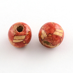 Round Printed Wood Beads, Orange Red, 13x12mm, Hole: 3~4mm, about 1560pcs/1000g