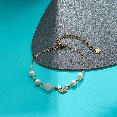 Браслет из звеньев луны и звезды из прозрачного кубического циркония с латунными цепочками BJEW-JB08789-1