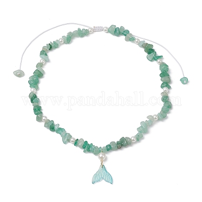 Ожерелья с бусинами из натурального зеленого авантюрина и имитацией круглого жемчуга NJEW-JN05227-03-1