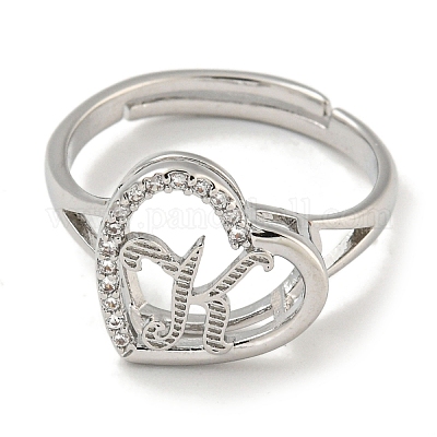 Сердце с буквой стойка покрытие латунь микро паве кубический цирконий регулируемые кольца для женщин RJEW-I105-06P-K-1